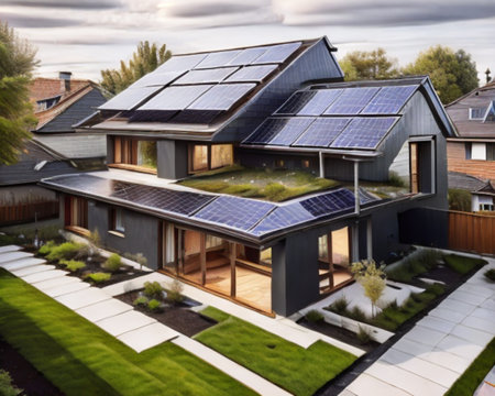 House with solar panels on roof. Photovoltaic modules on roof.の素材