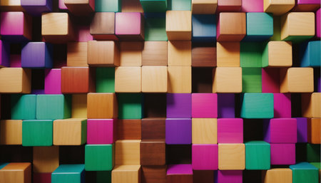 Colorful wooden toy cubes as abstract background, 3d render illustrationの素材