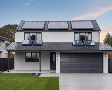 3d rendering of modern house with solar panels installed on the roofの素材