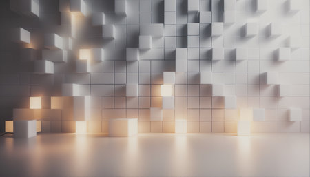 3d render, abstract background with cubes and light, empty roomの素材