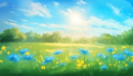 Summer meadow with blue flowers. Nature background. Vector illustration.の素材