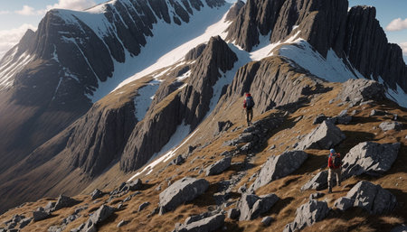 Hiker with backpack and trekking poles standing on top of a mountainの素材