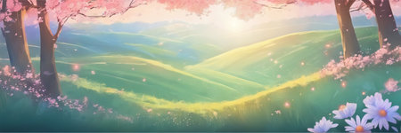 Spring cherry blossom sakura landscape background banner, vector illustration.の素材