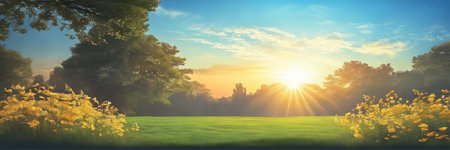 Panoramic landscape with meadow and sunbeams at sunsetの素材