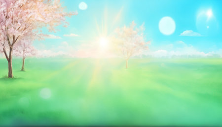 Spring landscape with tree and sun. Nature background. Vector illustration.の素材