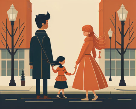 Mother, father and daughter walking on the street. Vector illustration.の素材