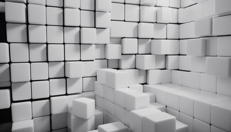 Abstract 3d rendering of chaotic white cubes in empty space. Futuristic background.の素材