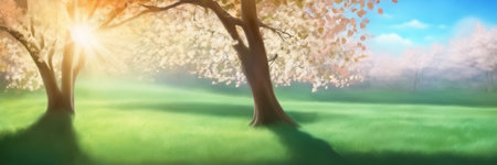 Beautiful spring landscape with blooming tree and green meadow.の素材