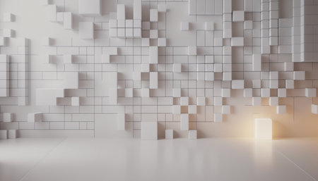 3d rendering of a white cube wall in an empty room.の素材