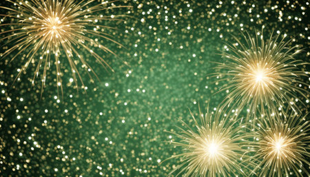 Fireworks on green background with space for text. Happy New Yearの素材