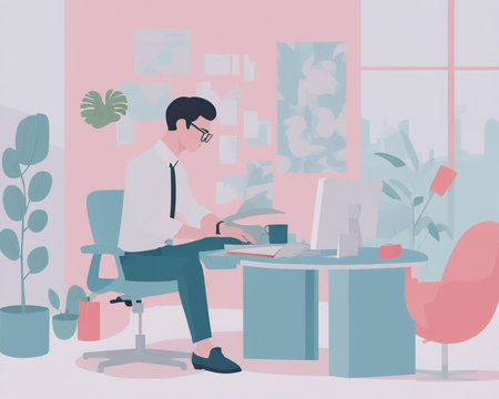 Businessman working at his desk in the office. Vector illustration.の素材