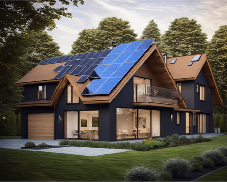 3d rendering of modern cozy chalet with pool and parking for sale or rent. Solar energy panels on roof. Cool summer evening with cozy light from window.の素材