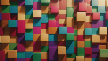 3d rendering of colorful wooden cubes in a row. Abstract background.の素材