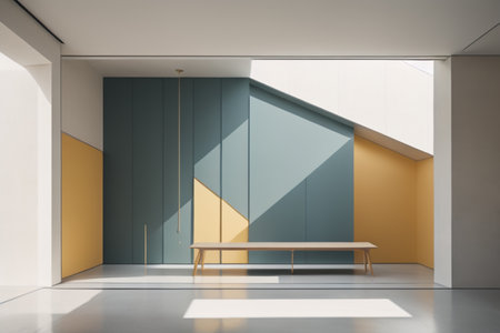 Interior of modern hall with green and yellow walls, concrete floor, white ceiling and wooden bench. 3d renderingの素材