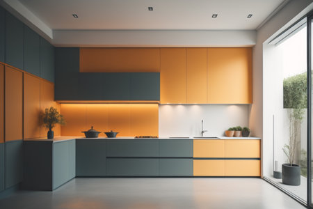 Interior of modern kitchen with orange and gray walls, concrete floor, orange cupboards and wooden countertops. 3d renderingの素材