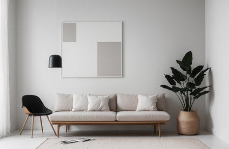 Interior of modern living room with white walls, concrete floor, comfortable sofa and mock up poster frame. 3d renderingの素材
