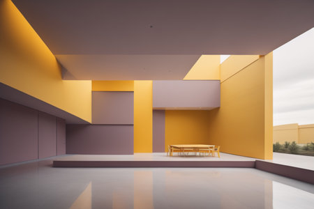 Interior of modern living room with yellow and orange walls, concrete floor and wooden bench. 3d renderingの素材