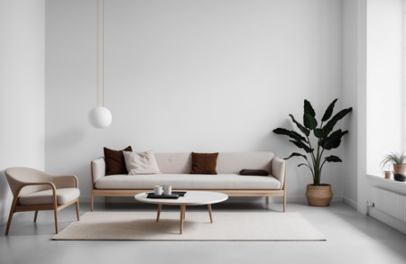Interior of modern living room with white walls, concrete floor, beige sofa and coffee table. 3d renderの素材