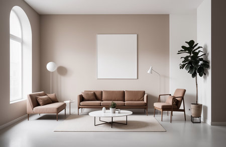 Interior of modern living room with beige walls, concrete floor, beige sofa standing near round coffee table and two armchairs. Vertical poster. 3d rendering mock upの素材