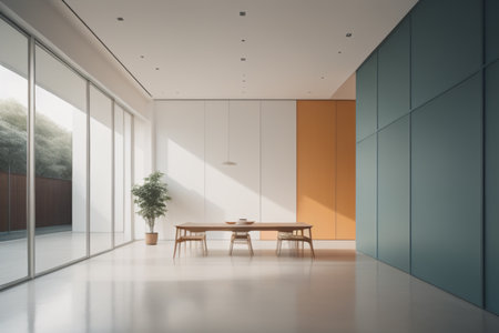 Interior of modern meeting room with orange and blue walls, concrete floor, long wooden table with chairs and green plant. 3d renderingの素材
