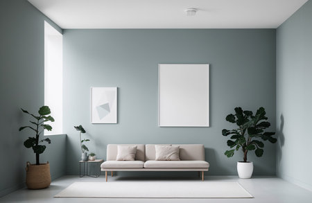 Interior of modern living room with gray walls, concrete floor, white sofa and two vertical mock up posters. 3d renderingの素材