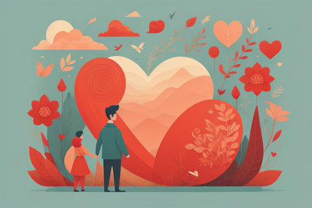 Valentine's day vector illustration. Couple in love with big red heart.の素材