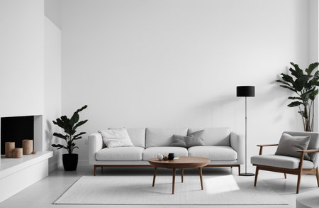 Interior of modern living room with white walls, concrete floor, comfortable white sofa and coffee table. 3d renderingの素材
