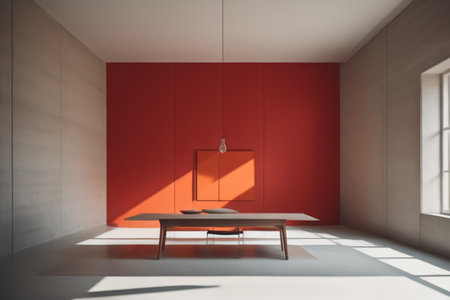 Interior of modern bright room with red and white walls, concrete floor, big window and wooden table. 3d renderingの素材