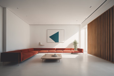 Interior of modern living room with white walls, concrete floor, orange sofa standing near round coffee table with red cushions and poster. 3d renderingの素材