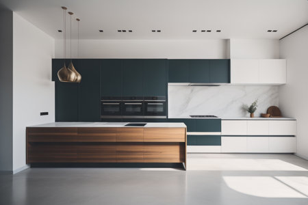 Interior of modern kitchen with white and green walls, concrete floor, white cupboards and wooden countertops. 3d renderingの素材