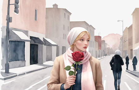 Young woman with red rose in hand on city street illustration background.の素材