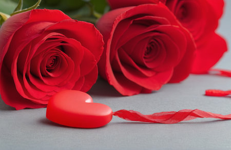 Red roses and red heart on grey background. Valentines day concept.の素材