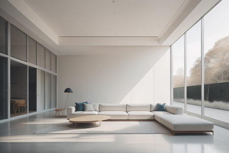 White living room interior with a concrete floor, a white sofa and a coffee table. 3d rendering mock upの素材