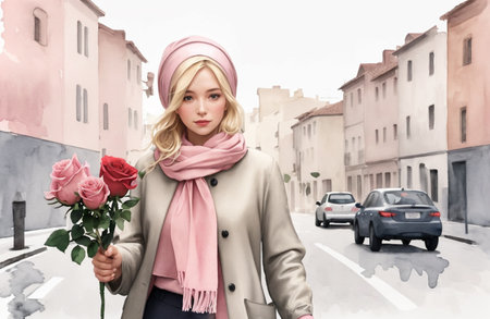 Young woman with bouquet of roses in hand on city street backgroundの素材