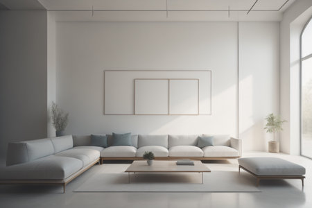Interior of modern living room with white walls, concrete floor, white sofa standing near coffee table and two vertical mock up posters. 3d renderingの素材