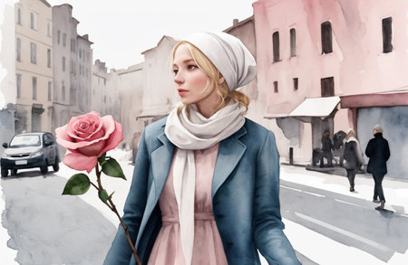Beautiful young woman with a rose in her hand walking in the cityの素材