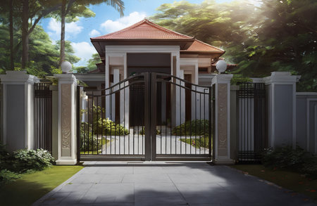 The entrance to the house with a metal gate. 3d renderingの素材
