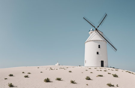 White windmill in the dunes of Consuegra, Toledo, Spainの素材