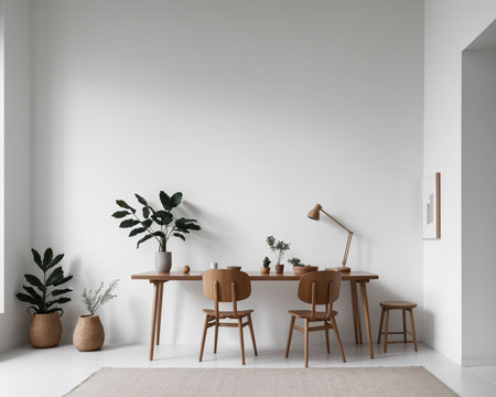 Interior of modern dining room with white walls, concrete floor, wooden table with chairs and potted plants. 3d renderingの素材