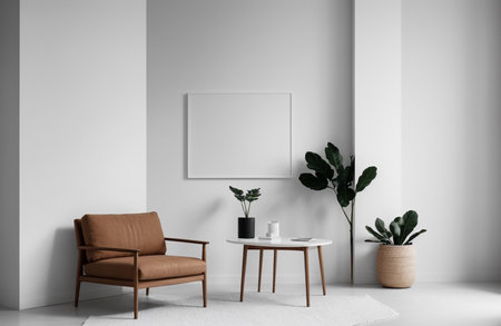 Interior of modern living room with white walls, concrete floor, orange armchair and coffee table with plant. Mock up poster frame. 3d renderingの素材