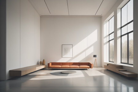 Interior of modern living room with white walls, concrete floor, comfortable brown sofa standing near round coffee table and poster. 3d renderingの素材