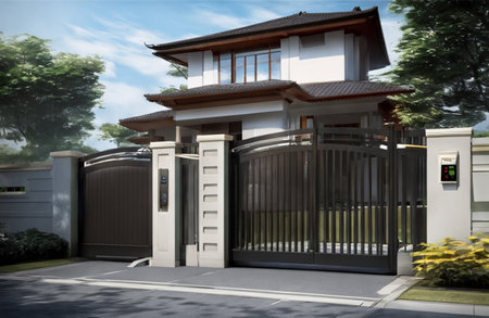3D rendering of a modern house with a gate and a garageの素材