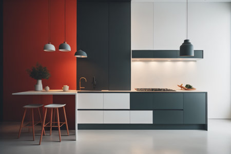 Interior of modern kitchen with grey and black walls, concrete floor, white cupboards and gray countertops. 3d renderingの素材