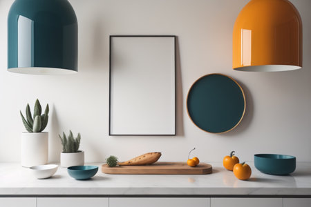 Mock up poster frame in modern kitchen interior. 3d renderの素材