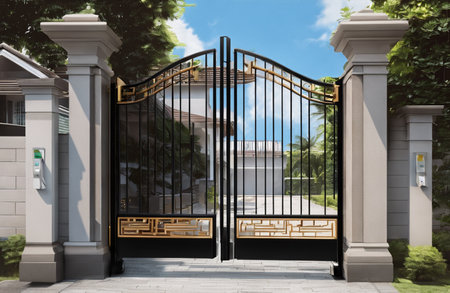 3d render of entrance gate with metal lattice in the gardenの素材