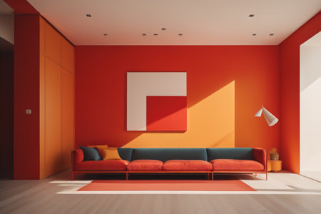 Interior of modern living room with red walls, wooden floor, orange sofa and red armchair. 3d renderingの素材