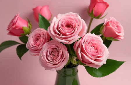 Bouquet of pink roses in green vase on pink backgroundの素材