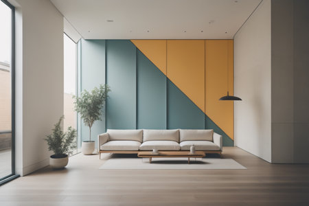 Interior of modern living room with yellow and blue walls, wooden floor, white sofa and coffee table. 3d renderingの素材