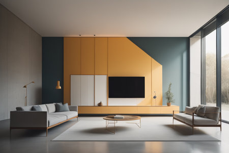 Interior of modern living room with gray and yellow walls, concrete floor, gray sofa standing near round coffee table and tv screen. 3d renderingの素材