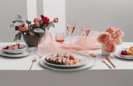 Table set for Valentine's Day dinner with pink roses and glasses of champagneの素材